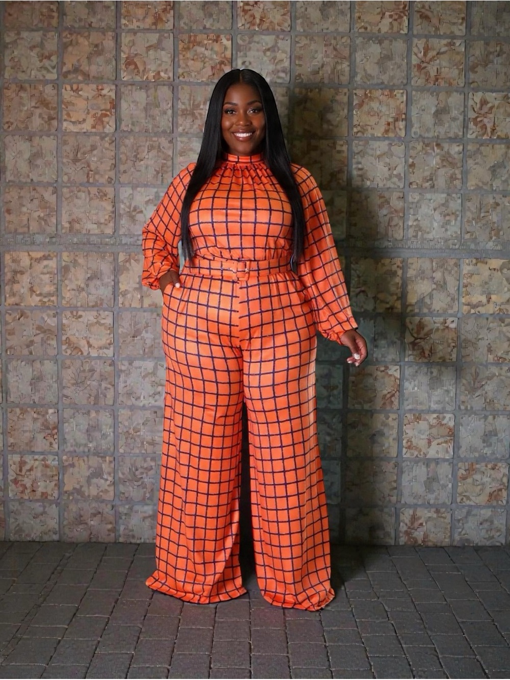 Women's Orange Grid Wide-Leg Jumpsuit